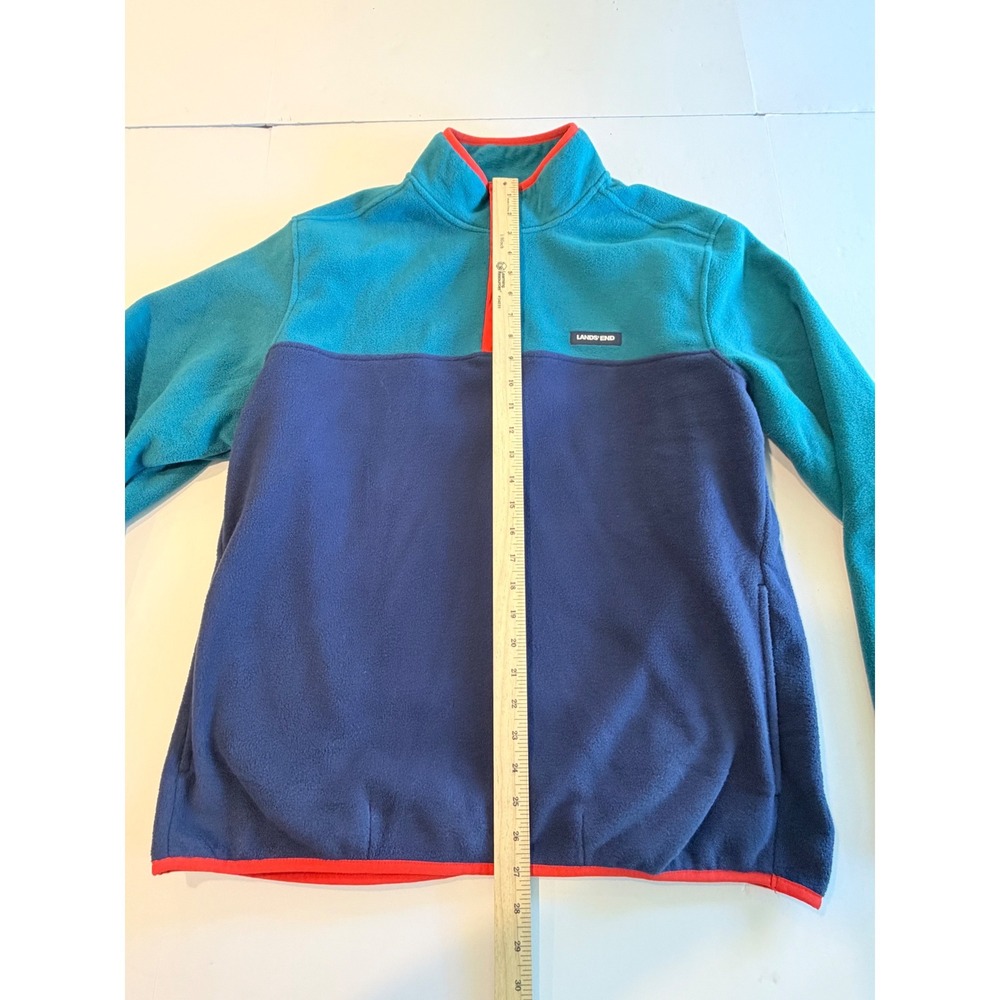 Lands End Mens Fleece Pullover Colorblock Snap Neck Teal Navy Red Large L 42-44 - Picture 3 of 6